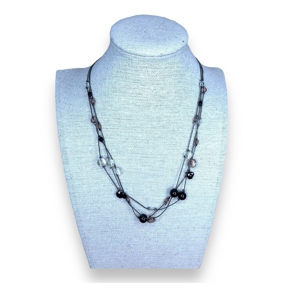 BEADED NECKLACE CHROME SILVER BLACK LAYERED BOHO BOHEMIAN - Picture 1 of 8